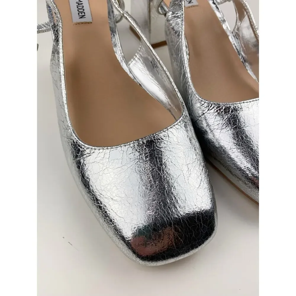Steve Madden Emjay Block Heel Shoes Silver Slingback Pumps Women's 10 90s Y2K
